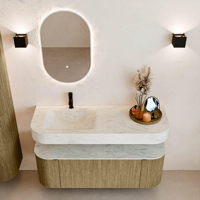 MONDIAZ THOR-DLUX 130cm meuble de salle de bains arrondi gauche + droite couleur Dusk avec 1 tiroir et 2 portes. Vasque suspendue CLOUD gauche 1 trou de robinet couleur Opalo.