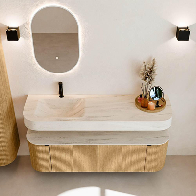 MONDIAZ THOR-DLUX 150cm badmeubel ronding links + rechts kleur Oak met 1 lade en 2 deuren. Vrijhangende wastafel CLOUD Links 1 kraangat kleur Meli.