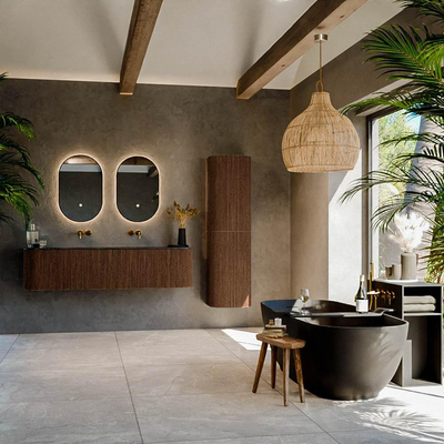 MONDIAZ KURVE-DLUX Meuble de salle de bains 170 cm avec module 25 Len R couleur Walnut avec 1 tiroir et 2 portes. Vasque LEAF double sans trou de robinet couleur Lava.