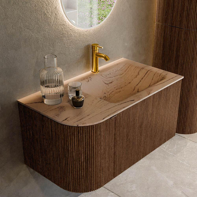 MONDIAZ KURVE-DLUX 85cm badmeubel ronding Links kleur Walnut met 1 lade en 1 deur. Wastafel CLOUD Rechts 1 kraangat Arena.