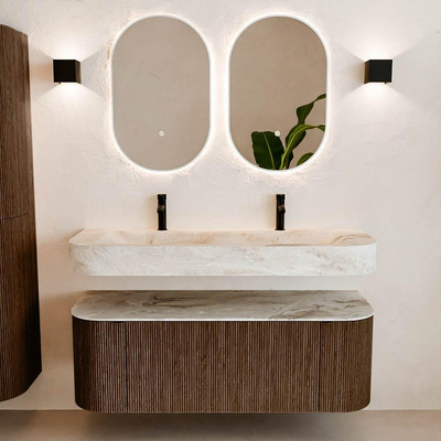 MONDIAZ THOR-DLUX 130cm meuble de salle de bains arrondi gauche + droite couleur Walnut avec 1 tiroir et 2 portes. Vasque suspendue CLOUD Double 2 trous de robinet couleur Frappe.