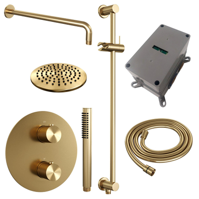 BRAUER Gold Carving thermostatische Inbouw Regendouche - 3-weg - rond - set 87 - 20cm hoofddouche - gebogen muurarm - staaf handdouche - doucheslang - geïntegreerde glijstang - goud geborsteld PVD