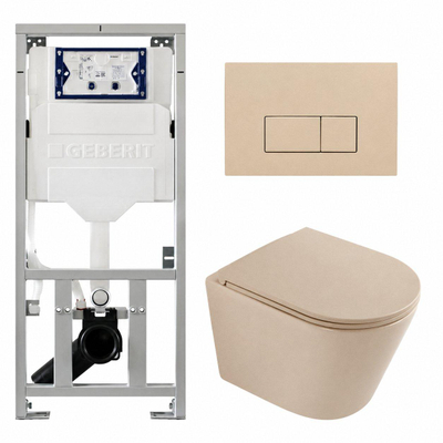 QeramiQ Dely Pack WC - 36,3x51,7cm - à fond creux - sans bride - réservoir encastré Geberit UP320 - abattant WC à fermeture douce - plaque de déclenchement beige - boutons rectangulaires - mat beige