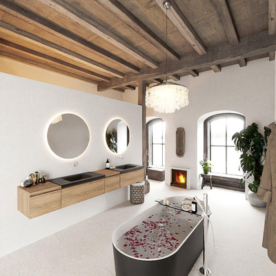 MONDIAZ BUKLA 240cm ensemble de meuble avec module 40 à droite couleur Chêne blanchi avec 4 tiroirs. Lavabo CLOUD double 0 trou de robinet couleur Urbaine.