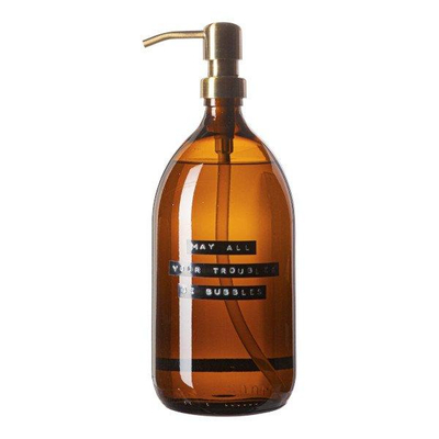 Wellmark Savon à mains verre marron pompe laiton 1000ml texte QUE TOUS VOS SOUCIS SOIENT DES BULLES Étiquette noire