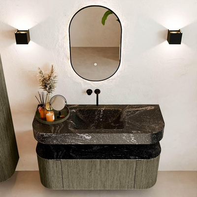 MONDIAZ THOR-DLUX 120cm meuble de salle de bains arrondi gauche + droite couleur Shadow avec 1 tiroir et 2 portes. Vasque suspendue CLOUD Milieu sans trou de robinet couleur Lava.