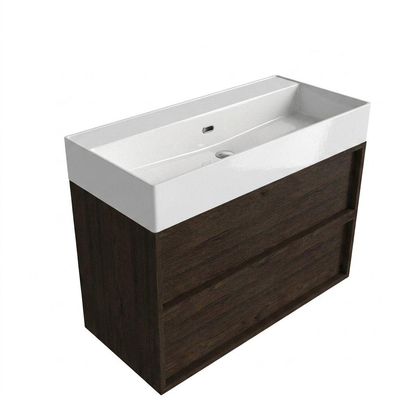 Saniclass Holz Frame Ensemble de meubles de salle de bains - 100x45x72cm - Legend lavabo en céramique blanc - 1 vasque - 2 trous de robinet - 2 tiroirs - chêne charcoal mat (bois)