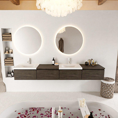 MONDIAZ BUKLA 240cm ensemble de meuble avec module 60 à droite couleur Marron Foncé avec 4 tiroirs. Lavabo CLOUD double 2 trous de robinet couleur Talc.