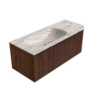 MONDIAZ KURVE-DLUX 115cm badmeubel ronding Rechts kleur Walnut met 1 lade en 1 deur. Wastafel BIG SMALL Links zonder kraangat Nata.