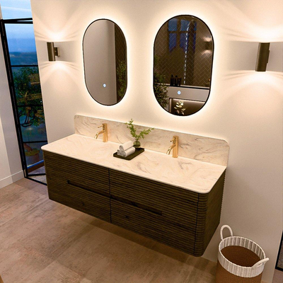 Mondiaz CIRO-DLUX Ensemble de meubles de salle de bains - 150x45x50cm - Plan vasque solid surface Ostra - 2 vasques double - 2 trous de robinetterie - 4 tiroirs - Shadow