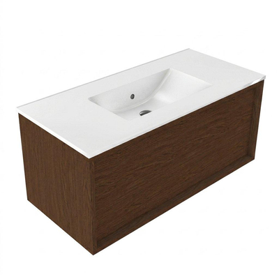 Saniclass Holz Frame Meuble de salle de bain - 100x45x40cm - lavabo en céramique blanc - 1 vasque - sans trous de robinet - 1 tiroirs - Walnut pure