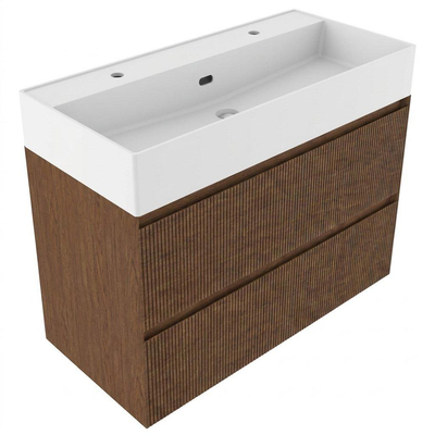 Saniclass Holz Atelier Badkamermeubelset - 100x45x72cm - Legend keramische wastafel mat wit - 1 wasbak - 2 kraangaten - 2 lades - mat walnut pure (hout)