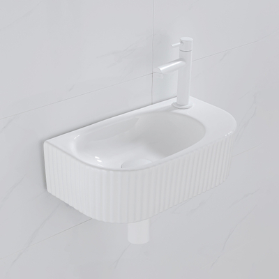 Fugaflow Efficiente Pietra Fonteinset - 40x21.5x12cm - rechts - geribbeld - halfrond - 1 kraangat - keramiek - fonteinkraan wit mat - afvoerplug - verlaagd sifon - wit mat