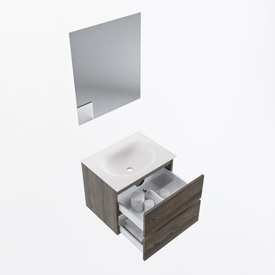 Mondiaz VICA ensemble de meuble de salle de bain - 60cm - meuble sous-vasque marron foncé gris - 2 tiroirs - lavabo lune milieu - 1 trou de robinet - couleur talc - miroir LED - version XL 60cm de haut