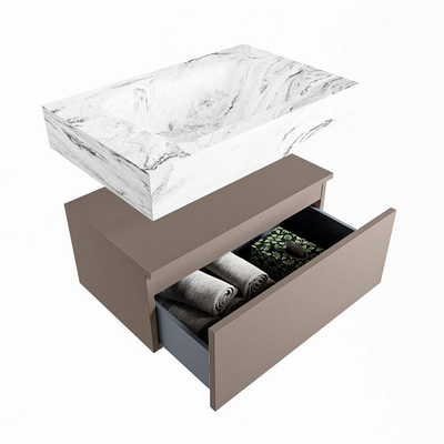 Mondiaz ALAN-DLUX Ensemble de meuble - 70cm - meuble Smoke mat - 1 tiroir - Lavabo Cloud Glace suspendu - vasque Centre - 1 trou de robinet
