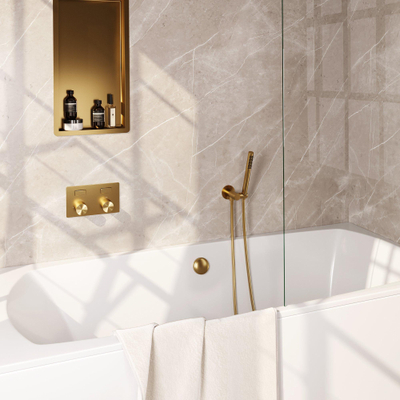 BRAUER Gold Carving thermostatische inbouw badkraan - drukknoppen SET 03 - badvulcombinatie - staaf handdouche - doucheslang - wandaansluitbocht - goud geborsteld PVD