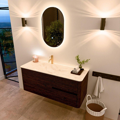Mondiaz CIRO-DLUX Ensemble de meubles de salle de bains - 120x45x50cm - lavabo solid surface Ostra - 1 vasque à gauche - 1 trou de robinet - 2 tiroirs - Noyer