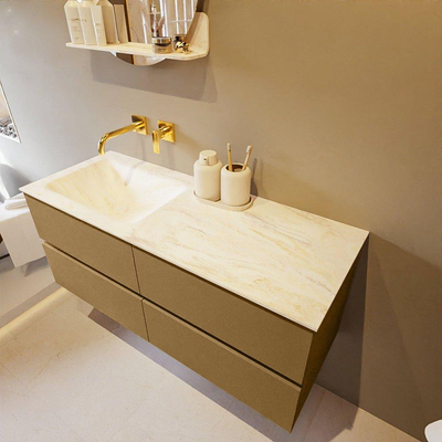 Mondiaz VICA-DLUX ensemble de meuble de salle de bain - 120cm - meuble sous-vasque oro - 4 tiroirs - lavabo encastré cloud gauche - sans trous de robinet - miroir modèle spot - version XL 60cm de haut - ostra