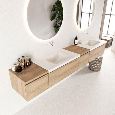 Mondiaz BUKLA badkamermeubelset 240x45x34cm 0 kraangaten 2 wasbakken solid surface Talc greeploos 4 lades met softclose Melamine Washed Oak