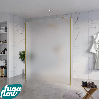 FugaFlow Eccelente Vetro Douche à l'italienne libre - 160x200cm - Verre mat - anti-calcaire - verre de sécurité 8mm - 2 parois latérales 40cm - avec bras muraux et profils d'angle - Laiton brossé (or) -