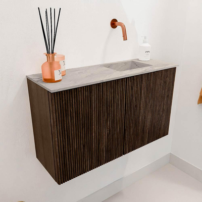 Mondiaz JOYA-DLUX 70cm toiletmeubel - kleur Walnut - Wastafel FAYE positie Rechts Zonder kraangat kleur Glace.