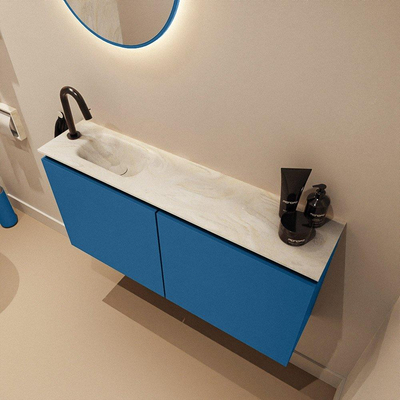 MONDIAZ TURE-DLUX meuble de toilettes 100 cm Jeans. EDEN lavabo Ostra position gauche. Avec 1 trou de robinet.