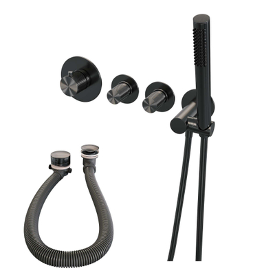 Brauer Gunmetal sculpture encastré - garniture de baignoire - 3 boutons sculptés - douchette à main barre 1 fonction - avec système vidage remplissage - PVD - gunmetal brossé