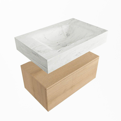 Mondiaz ALAN-DLUX Ensemble de meuble - 70cm - meuble Washed Oak mat - 1 tiroir - Lavabo Cloud Opalo suspendu - vasque Centre - 0 trous de robinet