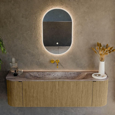 MONDIAZ KURVE-DLUX Meuble de salle de bains 150cm arrondi Gauche + Droite couleur Dusk avec 1 tiroir et 2 portes. Lavabo BIG MEDIUM Central sans trou de robinet Oza.
