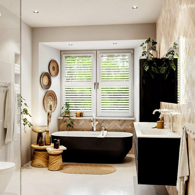 MONDIAZ VICA meuble sous lavabo 150cm Urban 4 tiroirs. Lavabo CLOUD double 2 trous de robinet, couleur Talc.