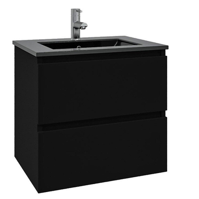 Adema Chaci Ensemble de meuble - 60x46x57cm - 1 vasque en céramique noire - 1 trou de robinet - 2 tiroirs - miroir rond avec éclairage - noir mat