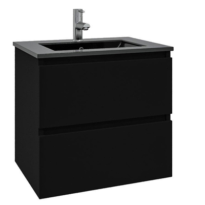 Saniclass Chaci Ensemble meuble de salle de bains - 60x46x55cm - vasque en céramique noire - 1 vasque - 1 trou de robinet - 2 tiroirs - armoire de toilette - noir mat