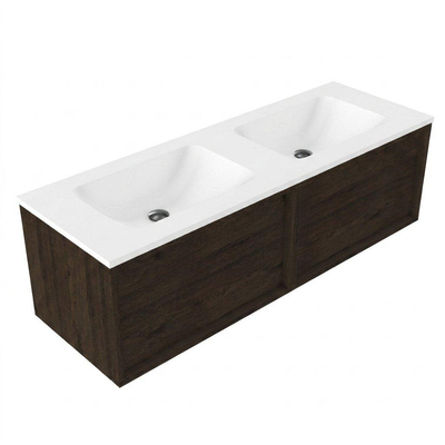 Saniclass Holz Frame Ensemble de meubles de salle de bains - 140x45x57.5cm - lavabo Torino en solid surface blanc - sans trou de robinet - 2 tiroirs - chêne charcoal mat (bois)