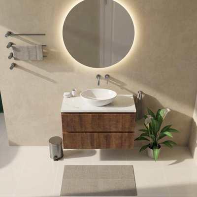 Saniclass Holz Atelier Ensemble meuble de salle de bains - 100x45x63cm - Plan vasque en marbre Dia poli (blanc) - sans trou de robinetterie - 2 tiroirs - walnut pure mat (bois)