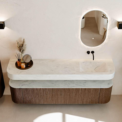 MONDIAZ THOR-DLUX Meuble de salle de bains 190cm arrondi gauche + droite couleur Walnut avec 2 tiroirs et 2 portes. Vasque suspendue CLOUD Droite sans trou de robinet couleur Opalo.