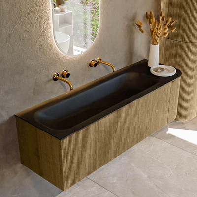 Mondiaz KURVE Ensemble de meuble de salle de bains - 145x46x40cm - 1 tiroir - 1 porte - lavabo solid surface - gauche - sans trou de robinet - Dusk