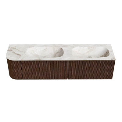 MONDIAZ KURVE-DLUX Meuble de salle de bains 175cm avec module 25 L couleur Walnut avec 2 tiroirs et 1 porte. Lavabo STOR SMALL double / à droite 2 trous de robinet couleur Frappe.