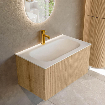 MONDIAZ KURVE 80cm Meuble salle de bain - couleur Oak - 1 tiroir - vasque BIG SMALL centre - 1 trou de robinet - Talc