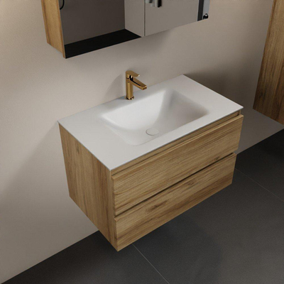 Mondiaz AIVY Ensemble de meuble - 80x45x50cm - 1 trou de robinet - 1 vasque Talc Solid surface - Centre - 2 tiroirs - avec armoire de toilette - Melamine Chai