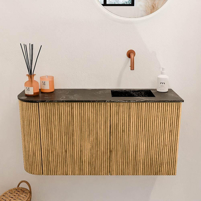 Mondiaz JOYA-DLUX 81.6cm toiletmeubel - ronding links kleur Oak - Wastafel FAYE positie Rechts Zonder kraangat kleur Lava.