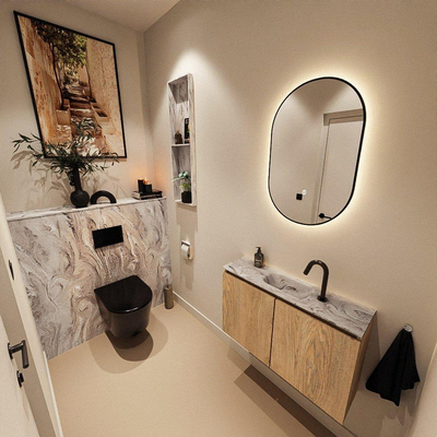 MONDIAZ TURE-DLUX Meuble WC 80 cm Washed Oak. Lavabo EDEN Glace position milieu. Avec 1 trou de robinet.