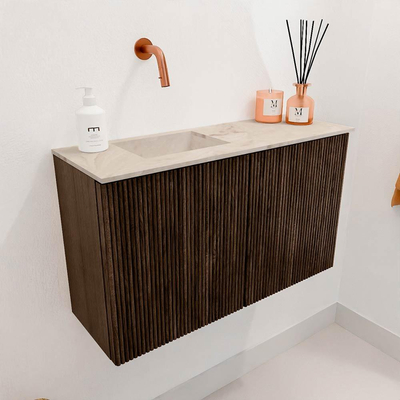 Mondiaz JOYA-DLUX 70cm toiletmeubel - kleur Walnut - Wastafel FAYE positie Links Zonder kraangat kleur Frappe.