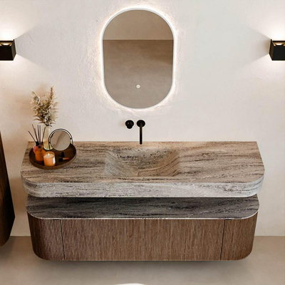 MONDIAZ THOR-DLUX 160cm badmeubel ronding links + rechts kleur Walnut met 1 lade en 2 deuren. Vrijhangende wastafel CLOUD Midden zonder kraangat kleur Oza.