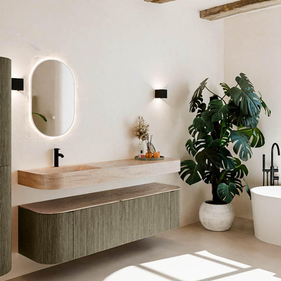 MONDIAZ THOR-DLUX Meuble de salle de bains 170cm arrondi gauche + droite couleur Shadow avec 1 tiroir et 2 portes. Vasque suspendue CLOUD Gauche 1 trou de robinet couleur Saba.