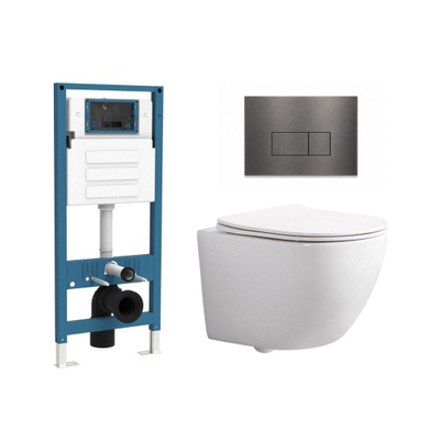 QeramiQ Dely Swirl Compact Ensemble WC - réservoir encastré QeramiQ flush - abattant slim - plaque de commande métallique gunmetal - boutons rectangulaires - blanc brillant