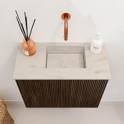 Mondiaz JOYA-DLUX 50cm meuble de toilette - couleur Walnut - Vasque FAYE position Droite Sans trou de robinet couleur Opalo.
