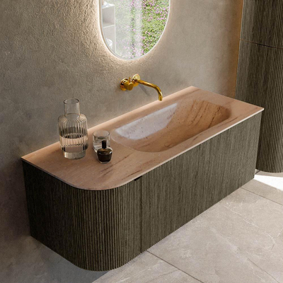 MONDIAZ KURVE-DLUX Meuble de salle de bains 115 cm arrondi à gauche couleur Shadow avec 1 tiroir et 1 porte. Lavabo BIG SMALL à droite sans trou de robinet Saba.