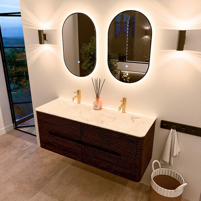Mondiaz CIRO-DLUX Badkamermeubelset - 130x45x50cm - Solid surface wastafel Ostra - 2 wasbak Dubbel - 2 kraangaten - 4 lades - Walnut