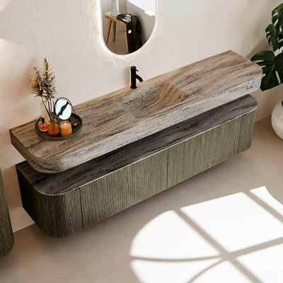 MONDIAZ THOR-DLUX 200cm meuble de salle de bains arrondi gauche + droite couleur Shadow avec 2 tiroirs et 2 portes. Vasque suspendue CLOUD Milieu 1 trou de robinet couleur Oza.