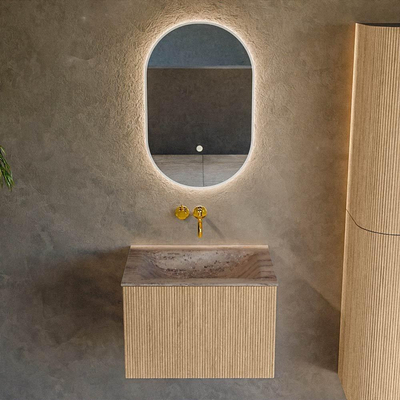 MONDIAZ KURVE-DLUX 60cm badmeubel kleur Oak met 1 lade en 0 deuren. Wastafel CLOUD Midden zonder kraangat Oza.